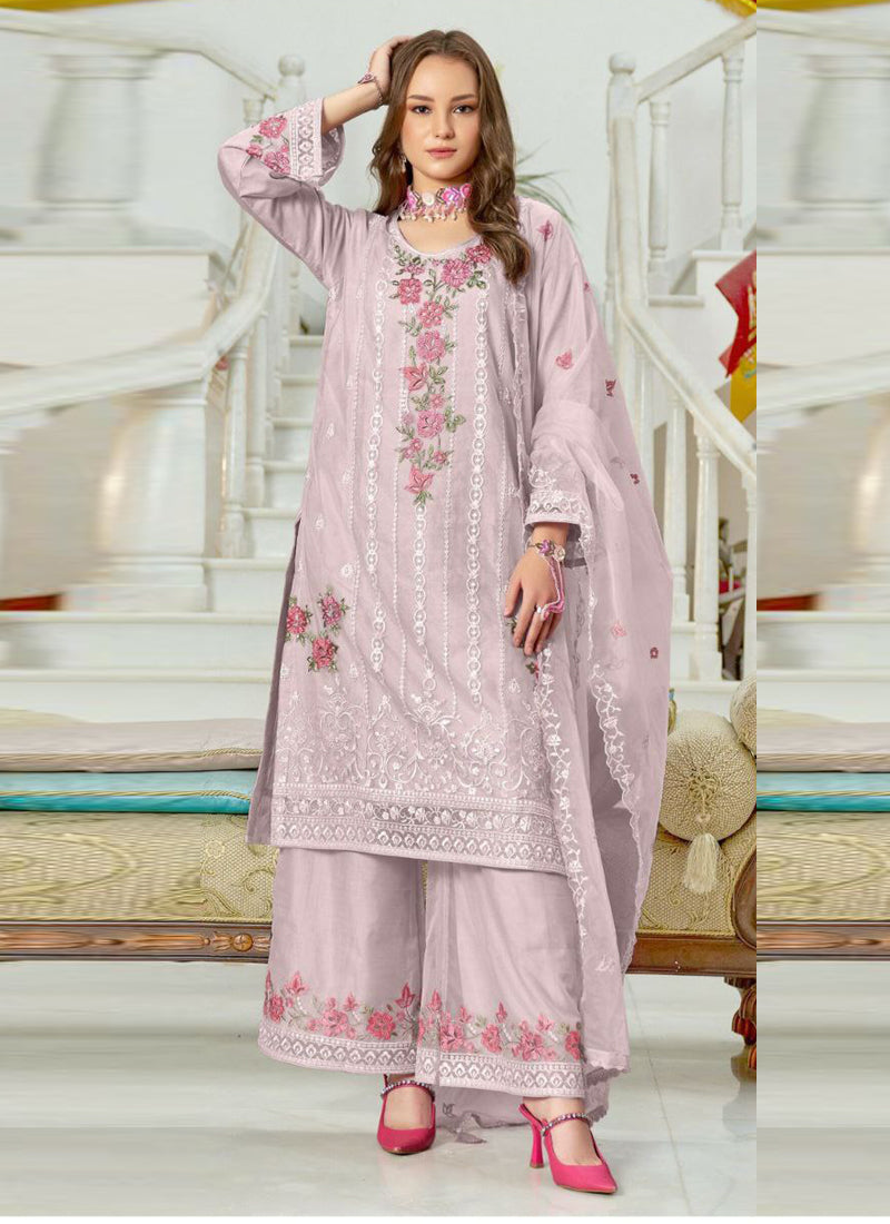 Women Pink Organza Embroidered Kurta Set - Prazu Fashion