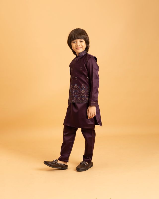 Boy's Purple Malai Satin Kurta Set
