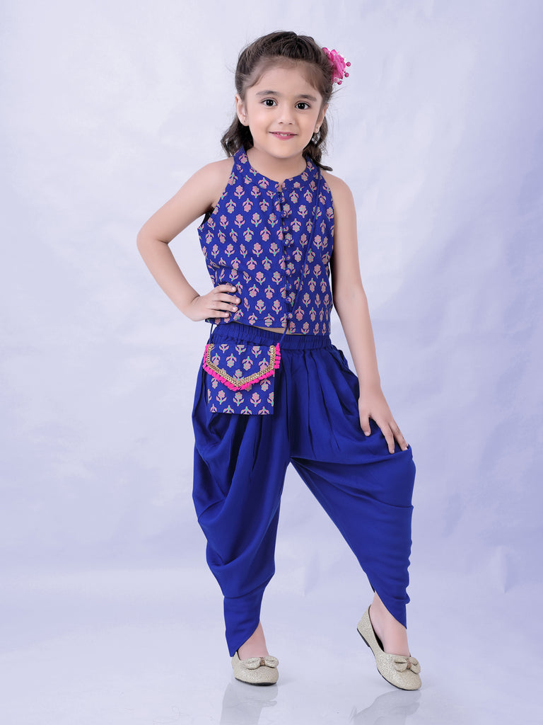 Girl's Block Print Halter Neck Top With Potli Buttons & Sling Bag , Fusion Dhoti-Royal Blue