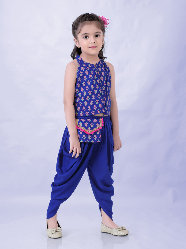 Girl's Block Print Halter Neck Top With Potli Buttons & Sling Bag , Fusion Dhoti-Royal Blue