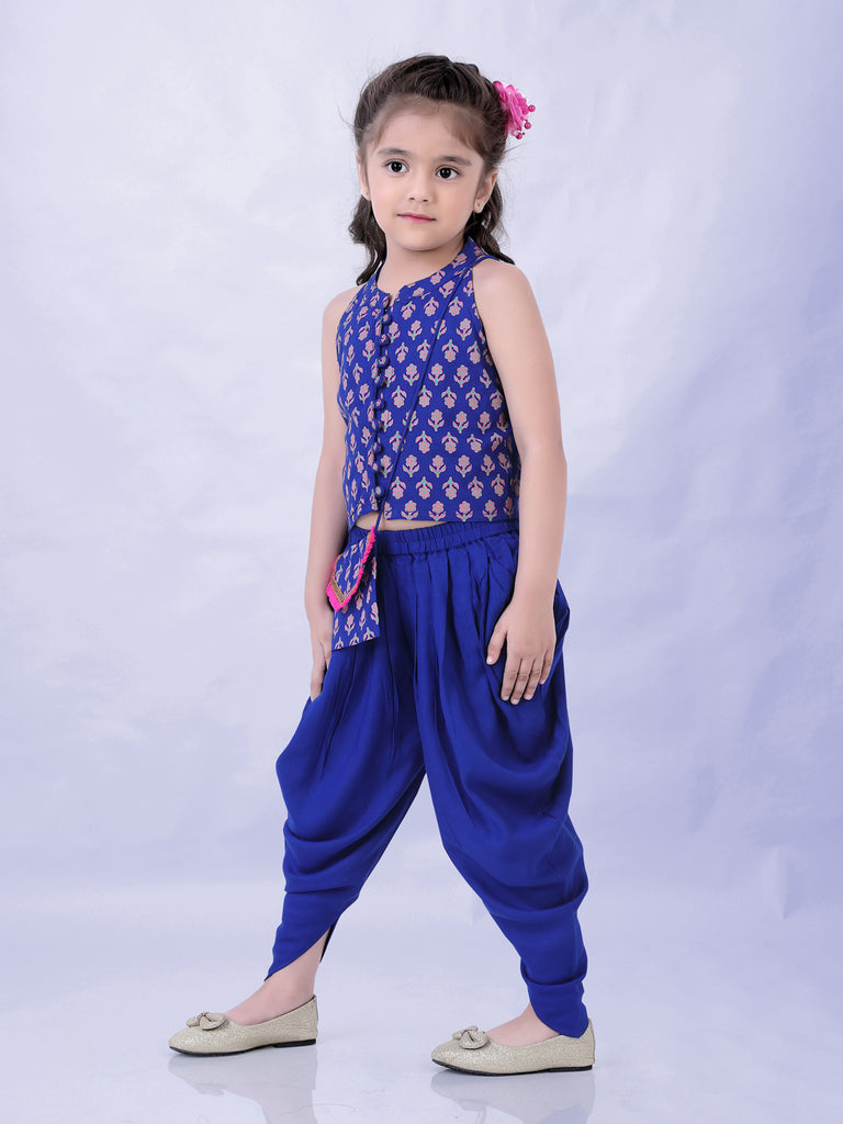 Girl's Block Print Halter Neck Top With Potli Buttons & Sling Bag , Fusion Dhoti-Royal Blue