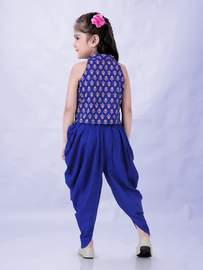 Girl's Block Print Halter Neck Top With Potli Buttons & Sling Bag , Fusion Dhoti-Royal Blue