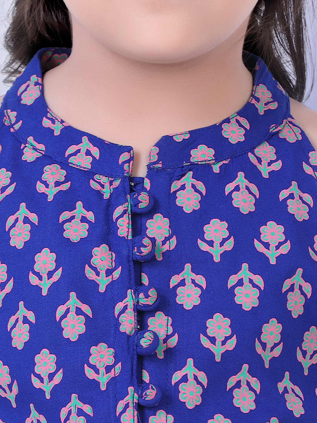 Girl's Block Print Halter Neck Top With Potli Buttons & Sling Bag , Fusion Dhoti-Royal Blue - Lil Peacock