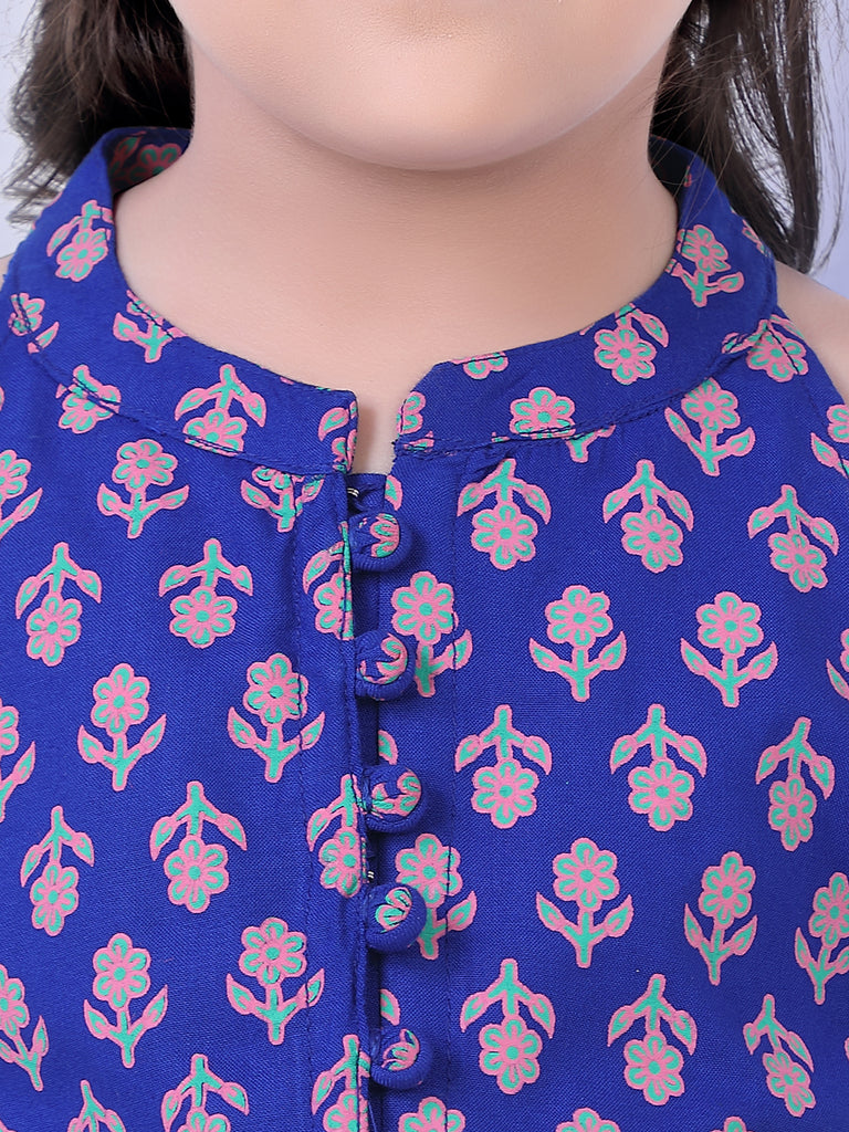 Girl's Block Print Halter Neck Top With Potli Buttons & Sling Bag , Fusion Dhoti-Royal Blue