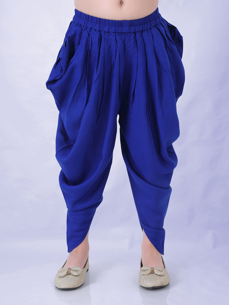 Girl's Block Print Halter Neck Top With Potli Buttons & Sling Bag , Fusion Dhoti-Royal Blue