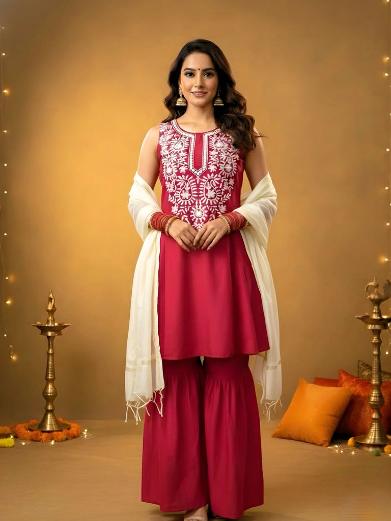 Women's Red silk Flared Sharara Set