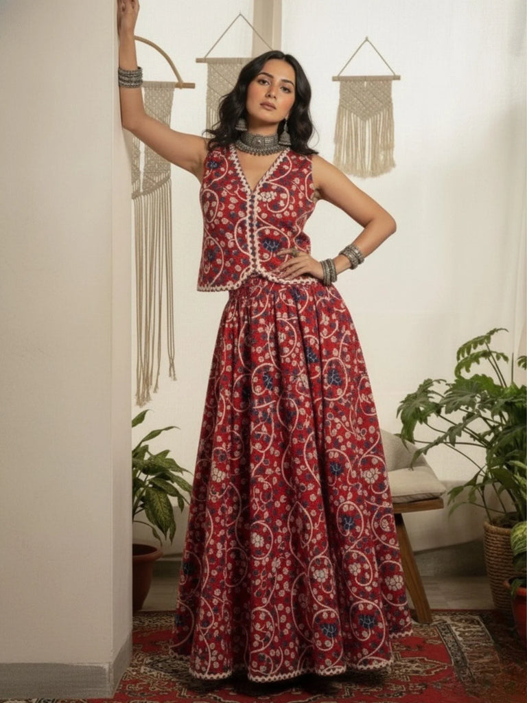 Women's Red Cotton Lace detailing Waistcoat with Skirt