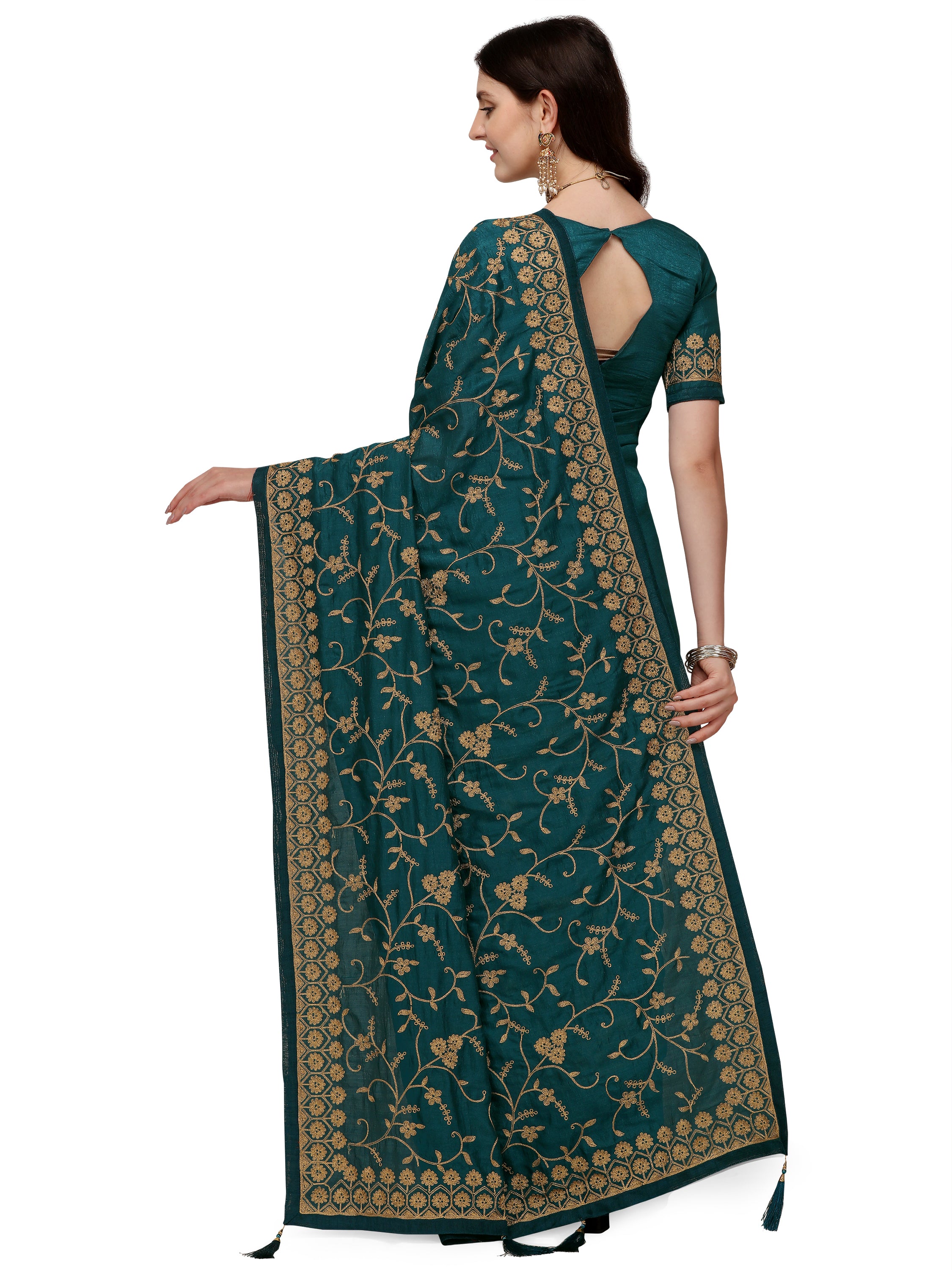 Women's Having Ahir Embroider Detailed Pallu Wedding Wear Silk Blend Sari With Blouse Piece (Blue) - NIMIDHYA