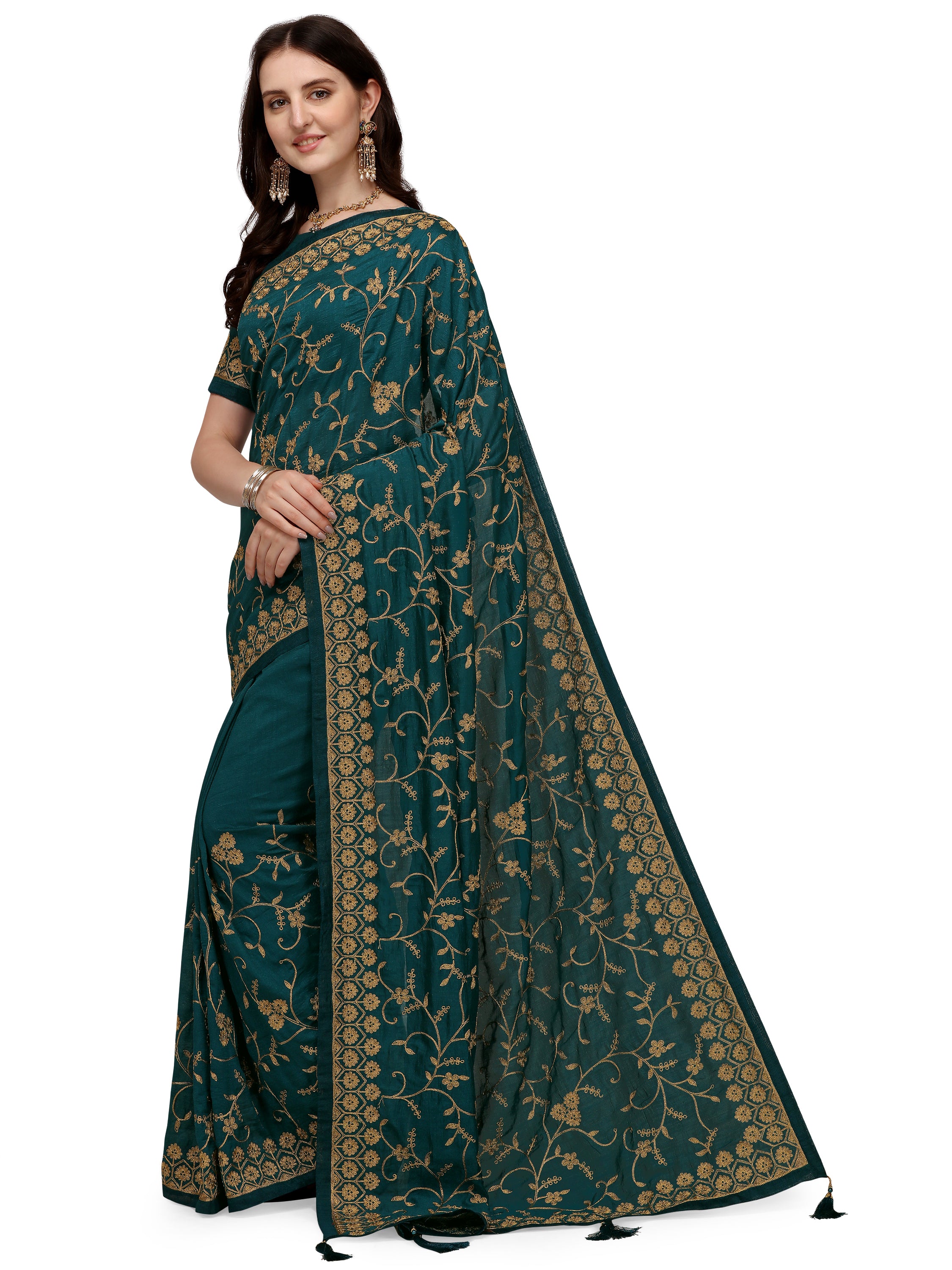 Women's Having Ahir Embroider Detailed Pallu Wedding Wear Silk Blend Sari With Blouse Piece (Blue) - NIMIDHYA