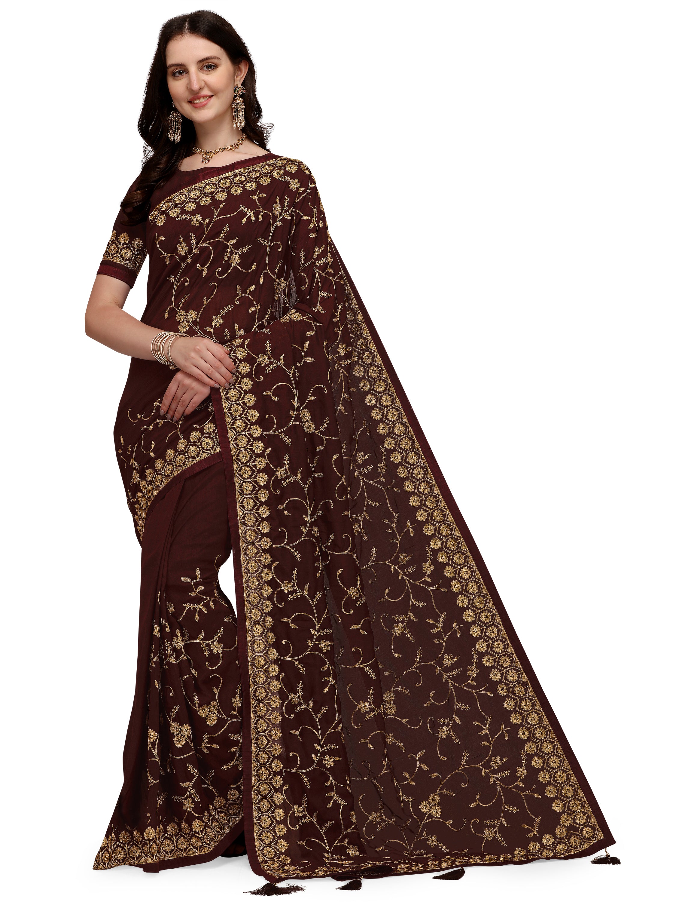 Women's Having Ahir Embroider Detailed Pallu Wedding Wear Silk Blend Sari With Blouse Piece (Coffee Brown) - NIMIDHYA