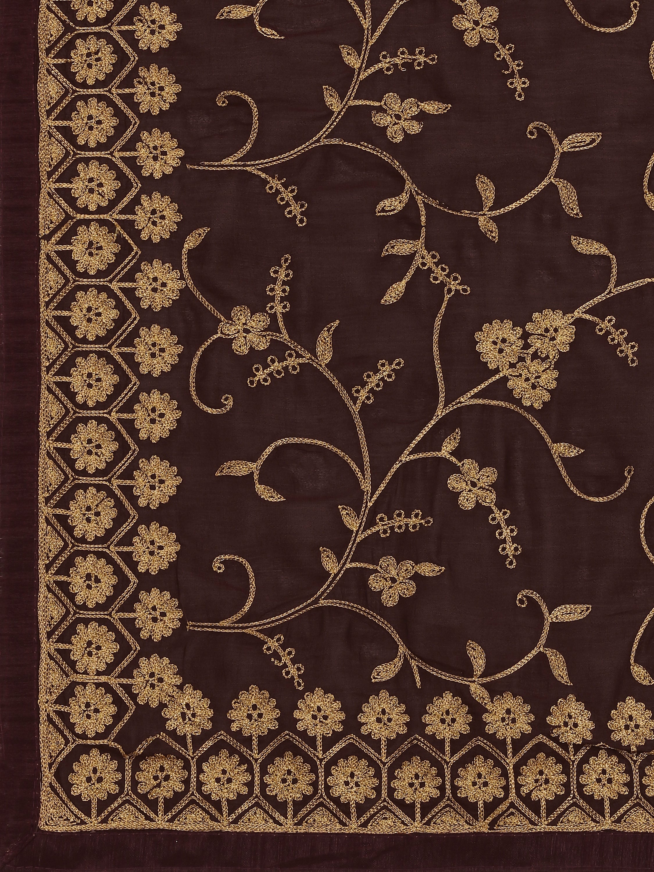 Women's Having Ahir Embroider Detailed Pallu Wedding Wear Silk Blend Sari With Blouse Piece (Coffee Brown) - NIMIDHYA