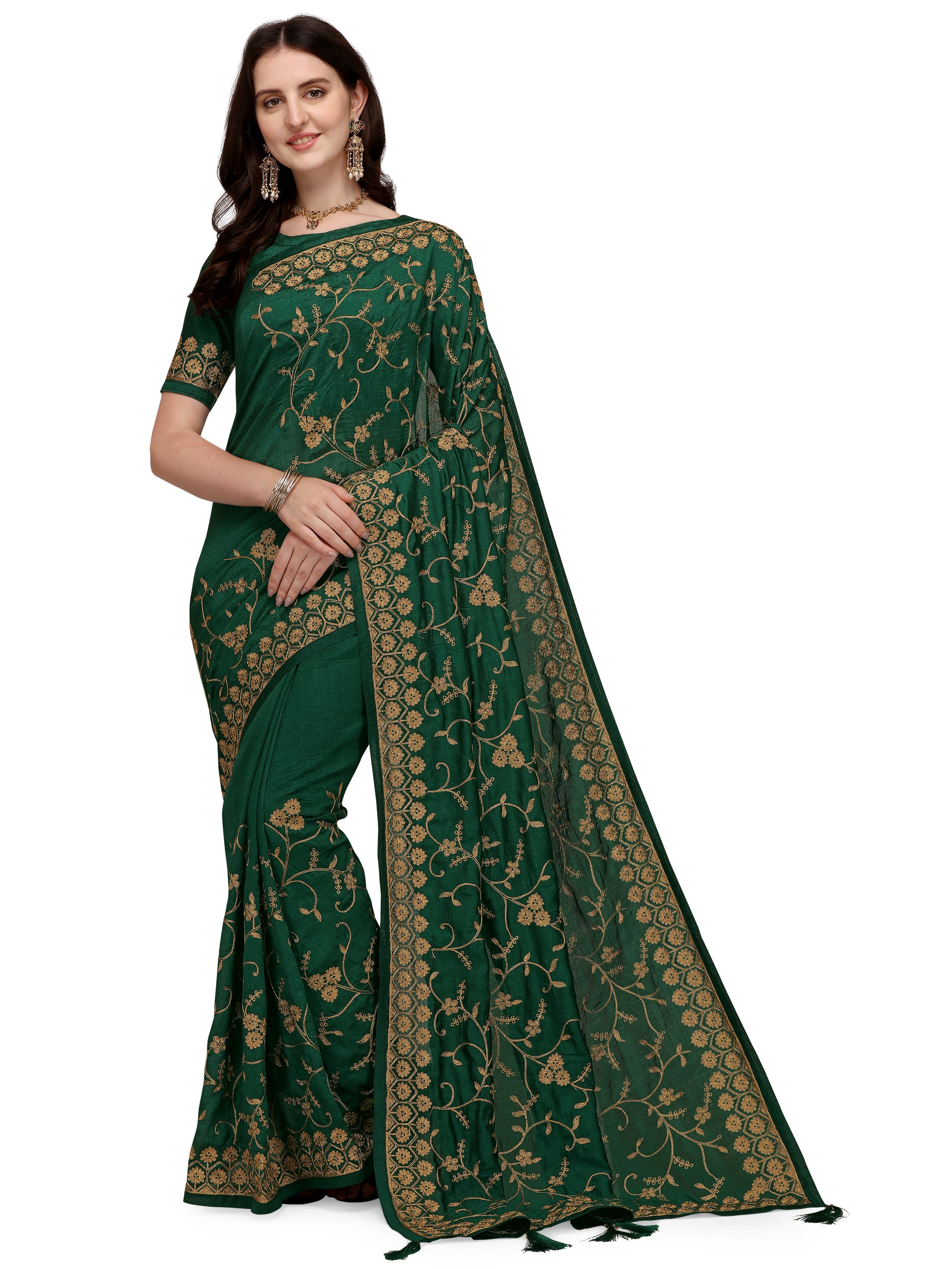 Women's Having Ahir Embroider Detailed Pallu Wedding Wear Silk Blend Sari With Blouse Piece (Green) - NIMIDHYA