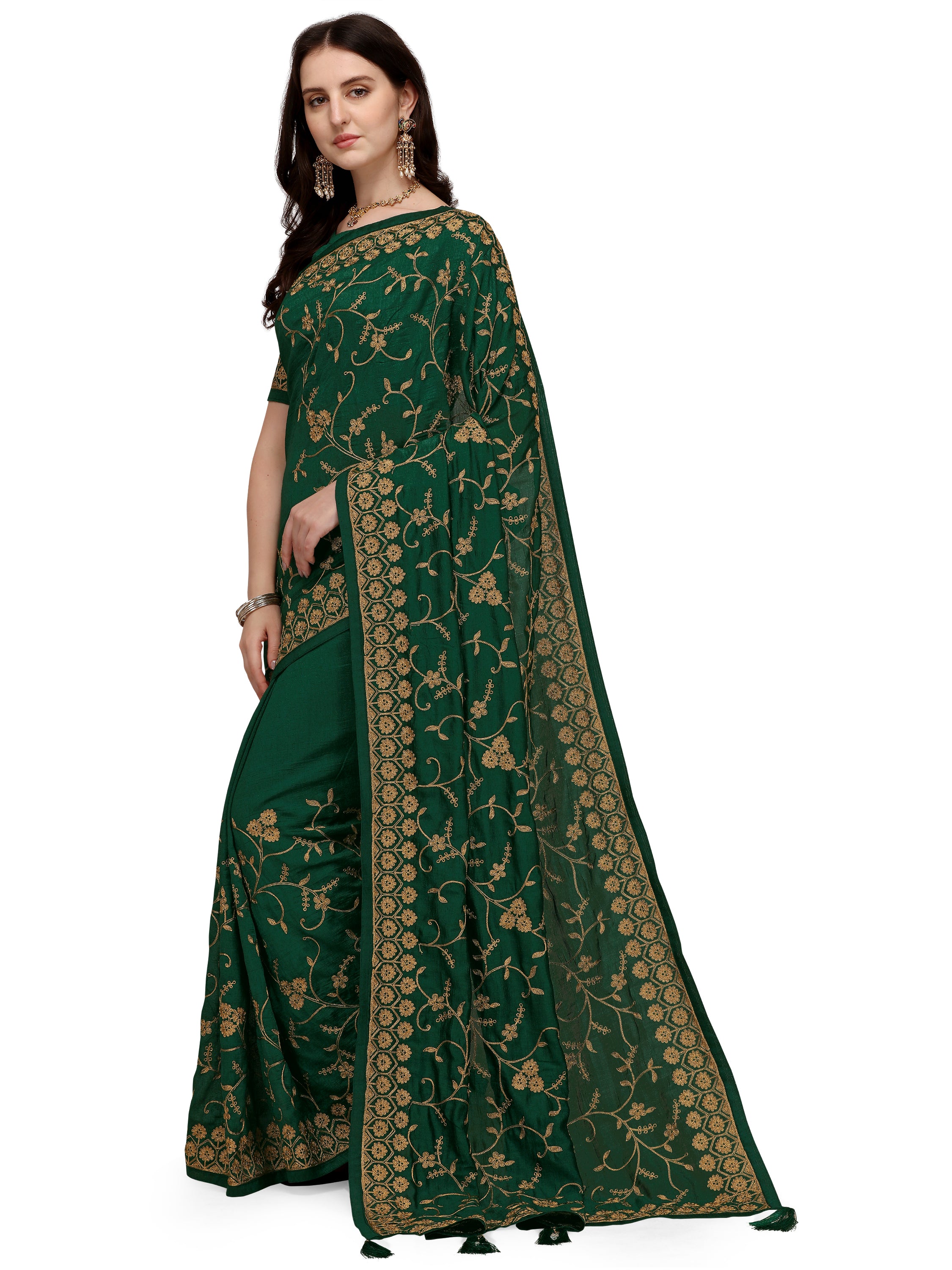 Women's Having Ahir Embroider Detailed Pallu Wedding Wear Silk Blend Sari With Blouse Piece (Green) - NIMIDHYA