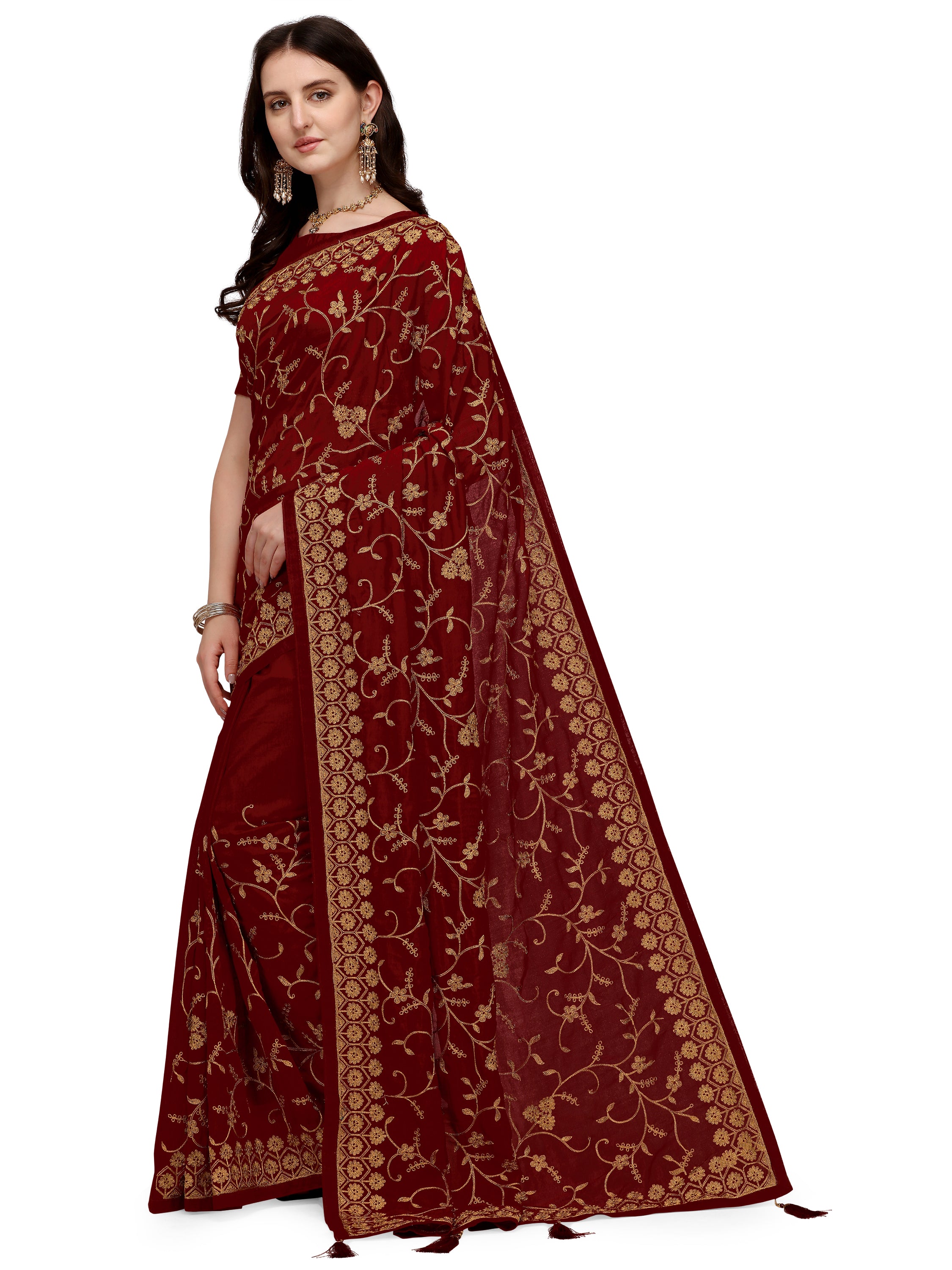 Women's Having Ahir Embroider Detailed Pallu Wedding Wear Silk Blend Sari With Blouse Piece (Maroon) - NIMIDHYA