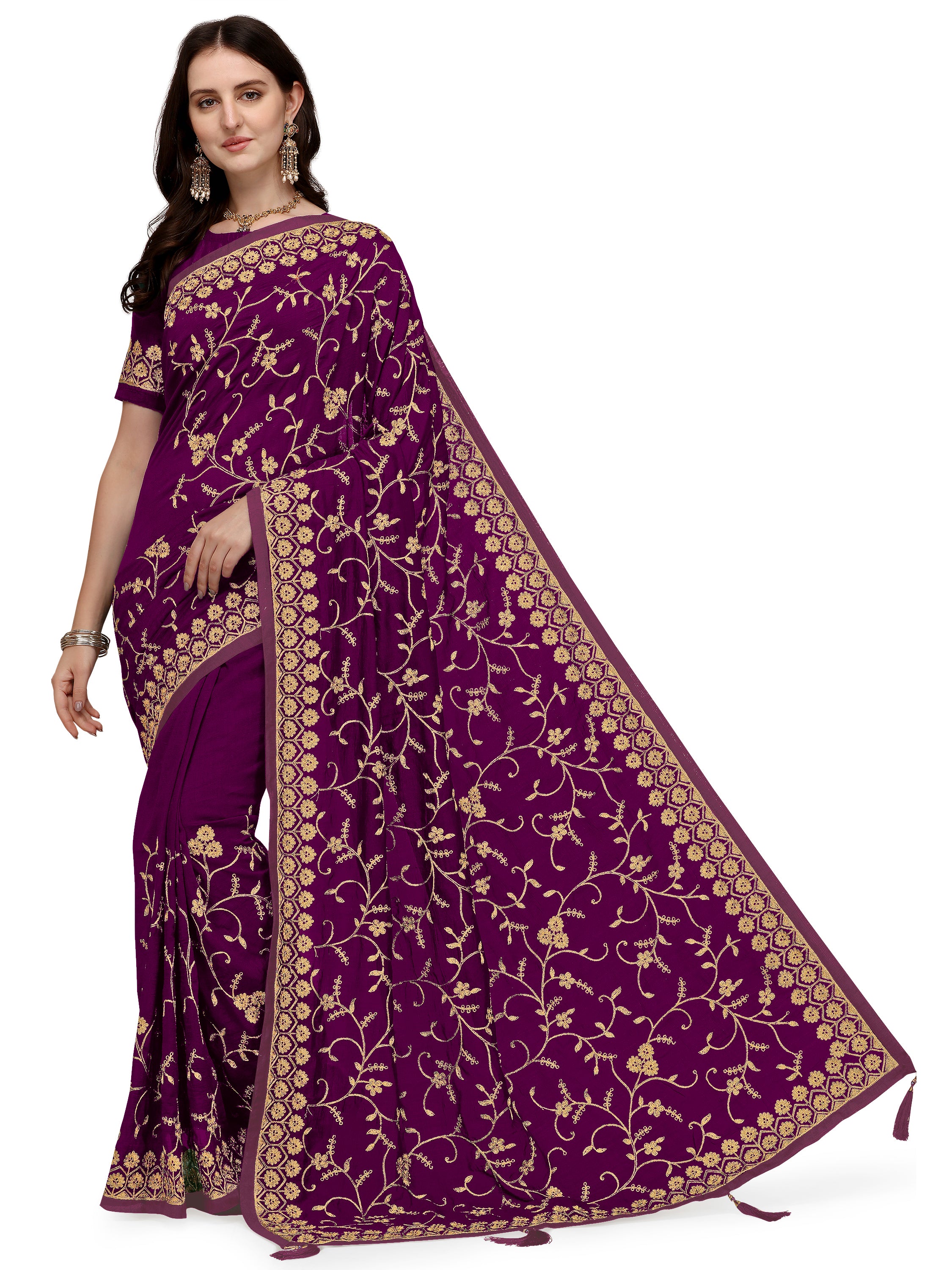Women's Having Ahir Embroider Detailed Pallu Wedding Wear Silk Blend Sari With Blouse Piece (Purple) - NIMIDHYA