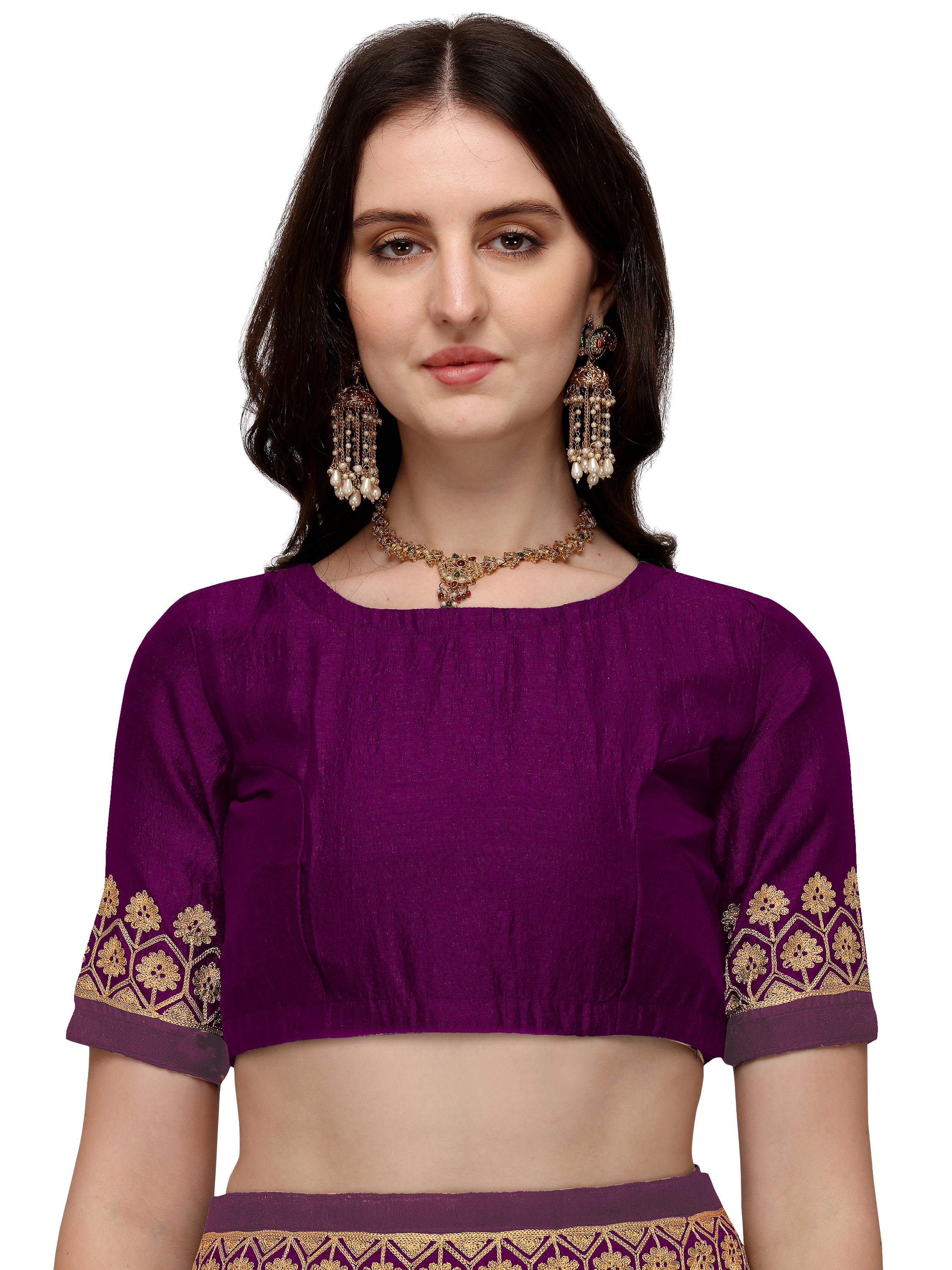 Women's Having Ahir Embroider Detailed Pallu Wedding Wear Silk Blend Sari With Blouse Piece (Purple) - NIMIDHYA