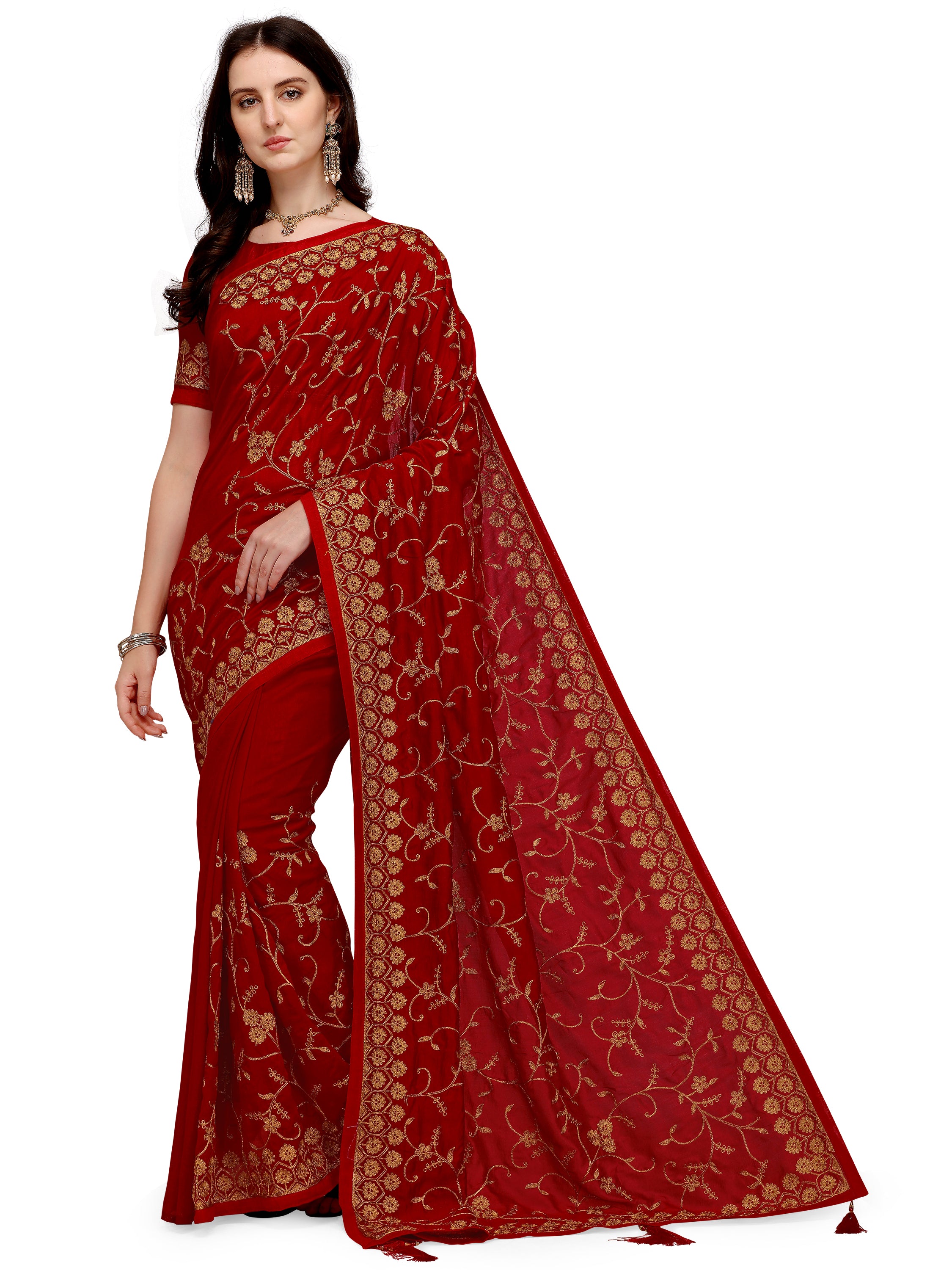 Women's Having Ahir Embroider Detailed Pallu Wedding Wear Silk Blend Sari With Blouse Piece (Red) - NIMIDHYA