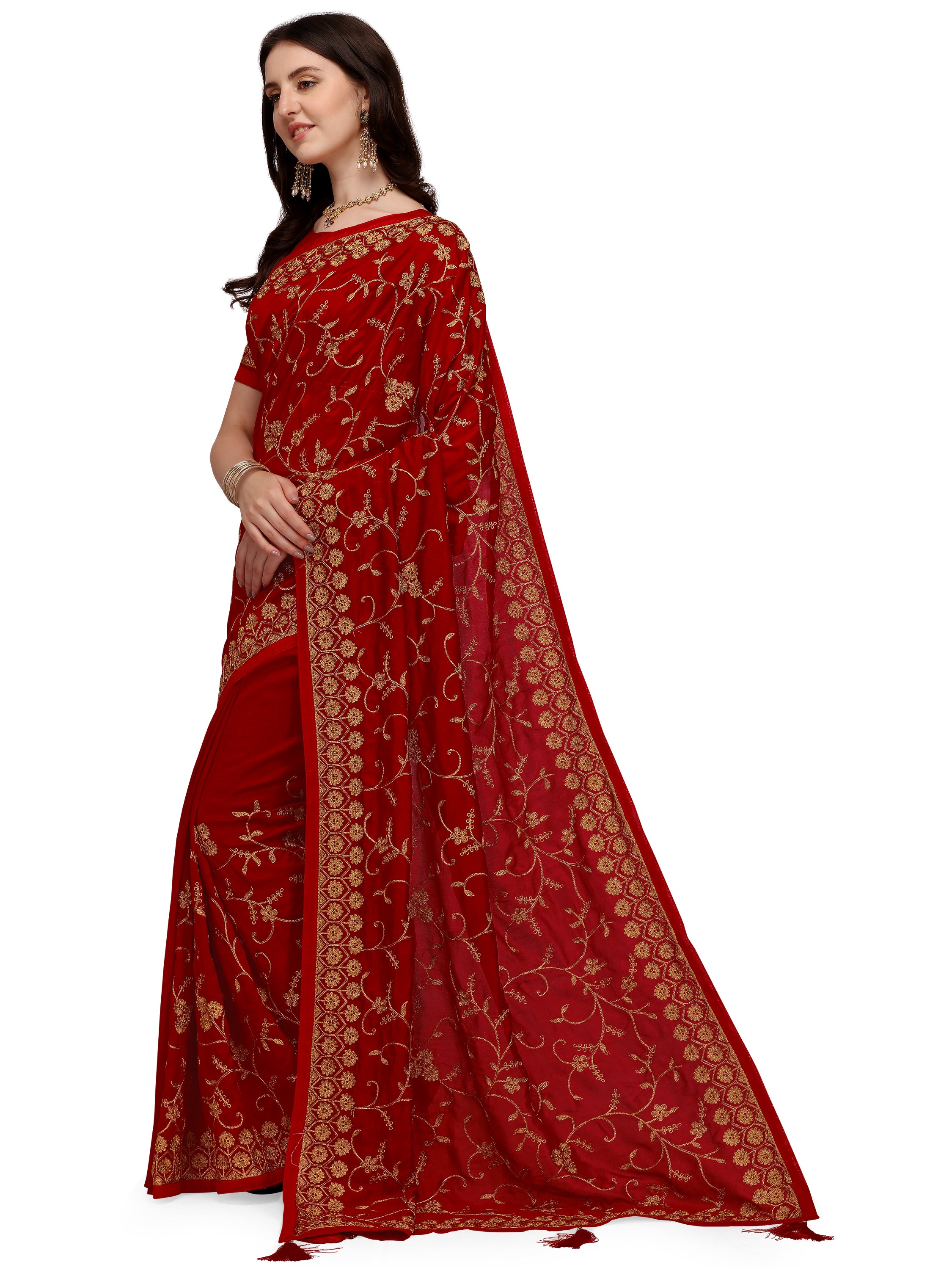 Women's Having Ahir Embroider Detailed Pallu Wedding Wear Silk Blend Sari With Blouse Piece (Red) - NIMIDHYA