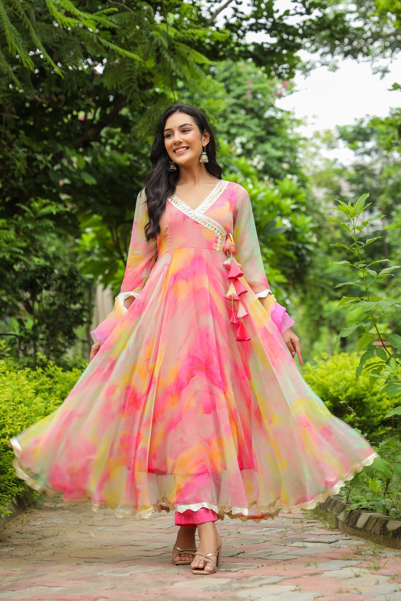 anarkali chiffon dress Women's Fiery Chiffon Anarkali Suit Set Pink / XS