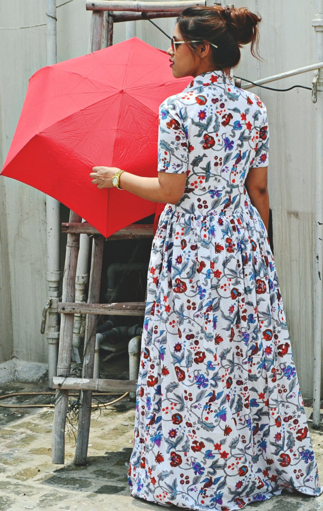 Women's Cotton Floral Print Collared Maxi Dress - Nangalia Ruchira