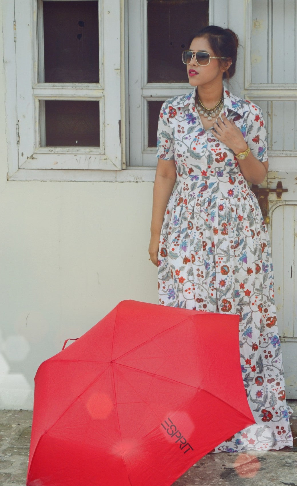 Women's Cotton Floral Print Collared Maxi Dress - Nangalia Ruchira