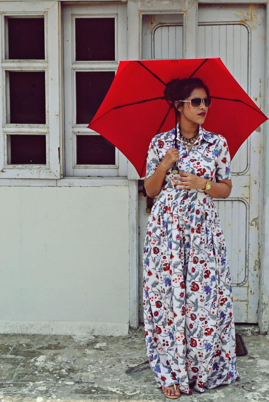 Women's Cotton Floral Print Collared Maxi Dress - Nangalia Ruchira