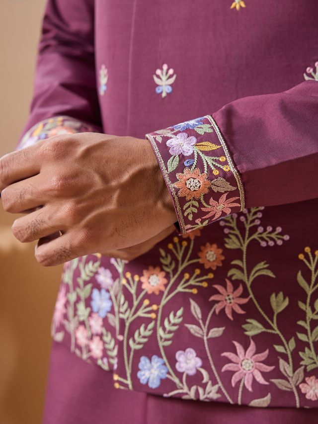 Men's Dusty Purple Viscose Silk Multi Thread With Sequence Embroidered Work Kurta Set
