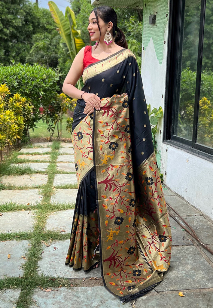 Women's Black Paithani Big Border Saree