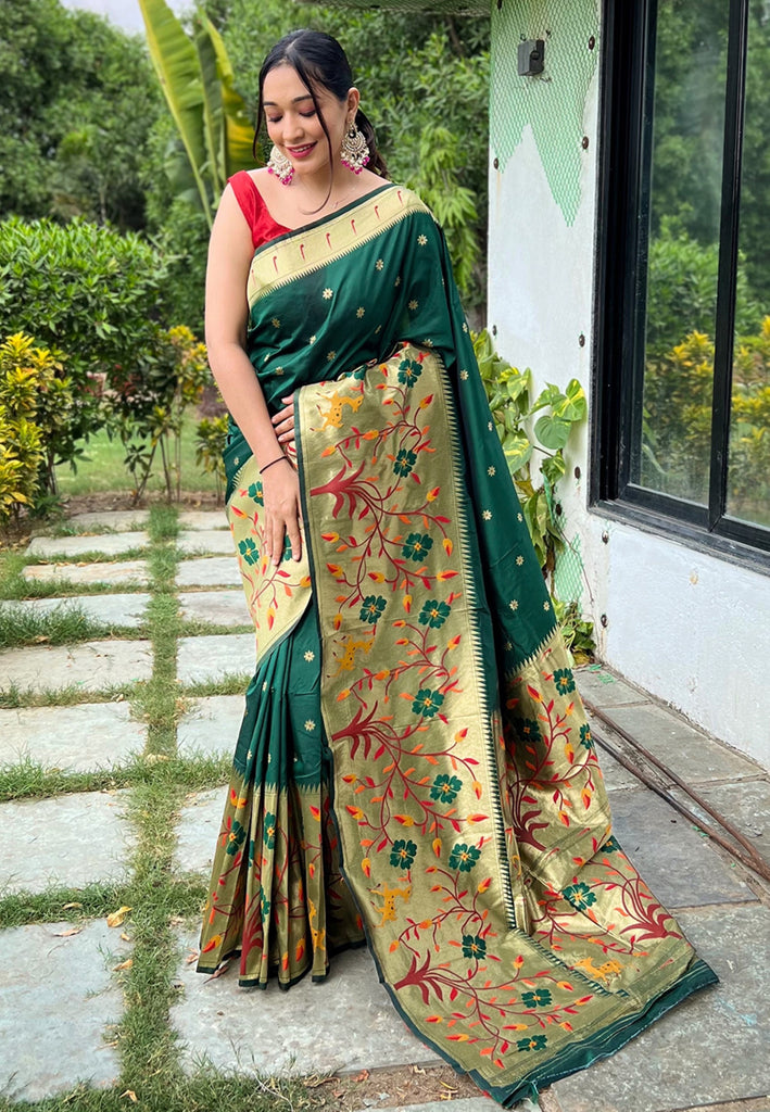 Women's Dark Green Paithani Big Border Saree