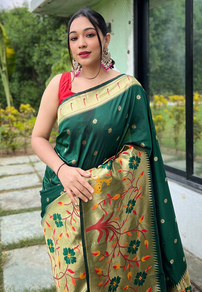 Women's Dark Green Paithani Big Border Saree
