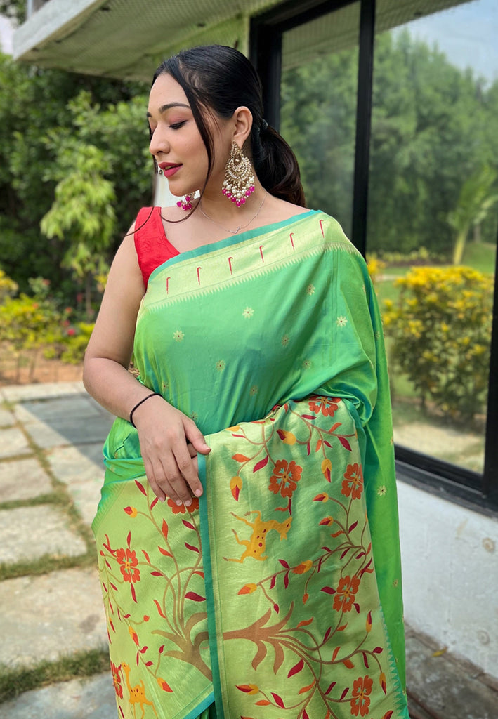 Women's Pistachio Green Paithani Big Border Saree