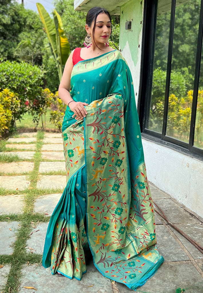 Women's Dark Cyan Paithani Big Border Saree
