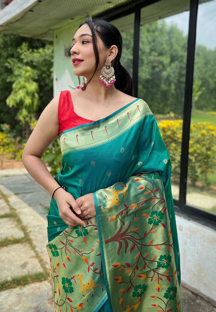 Women's Dark Cyan Paithani Big Border Saree