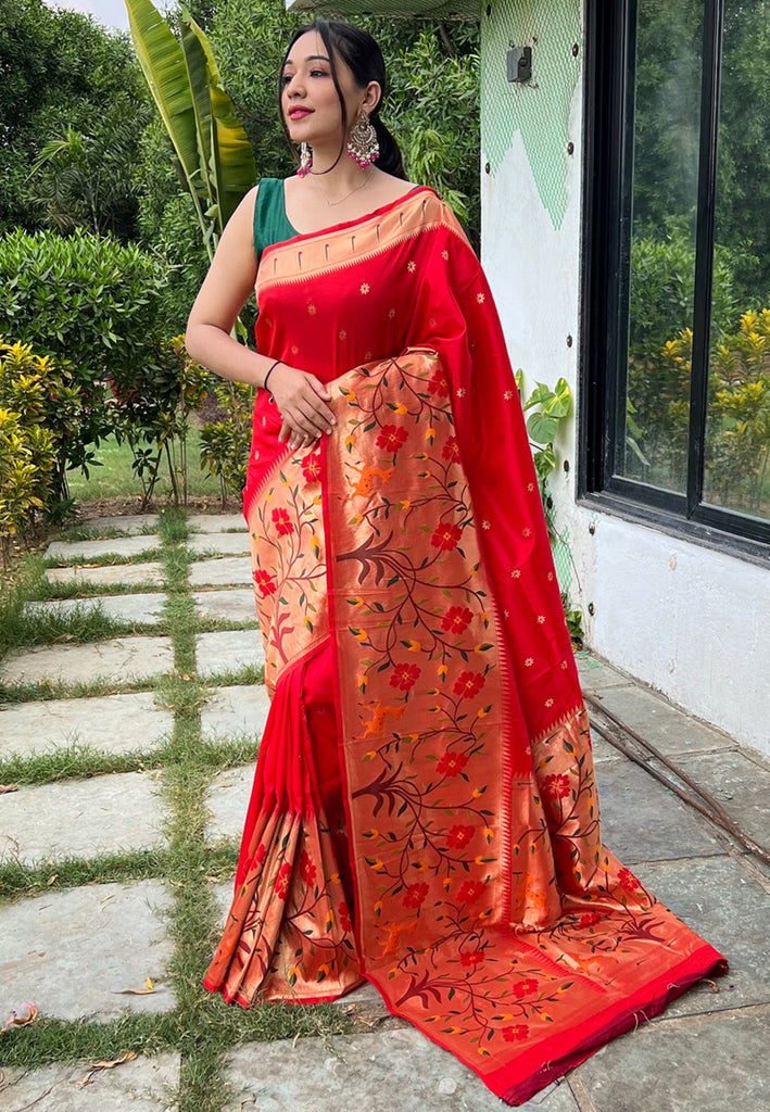 Women's Red Paithani Big Border Saree