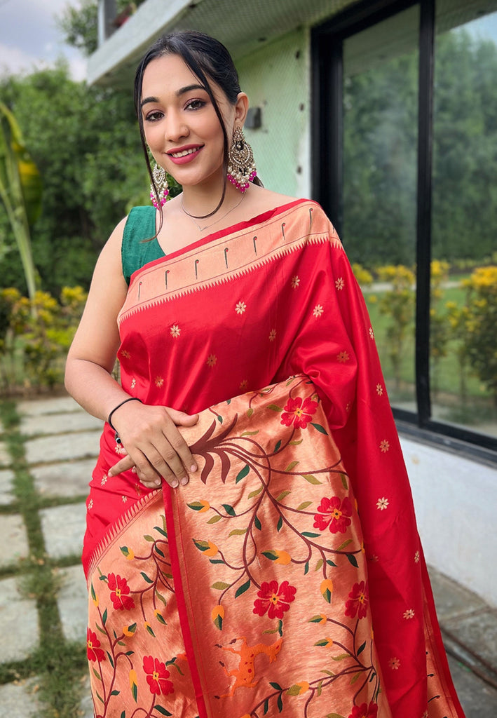 Women's Red Paithani Big Border Saree