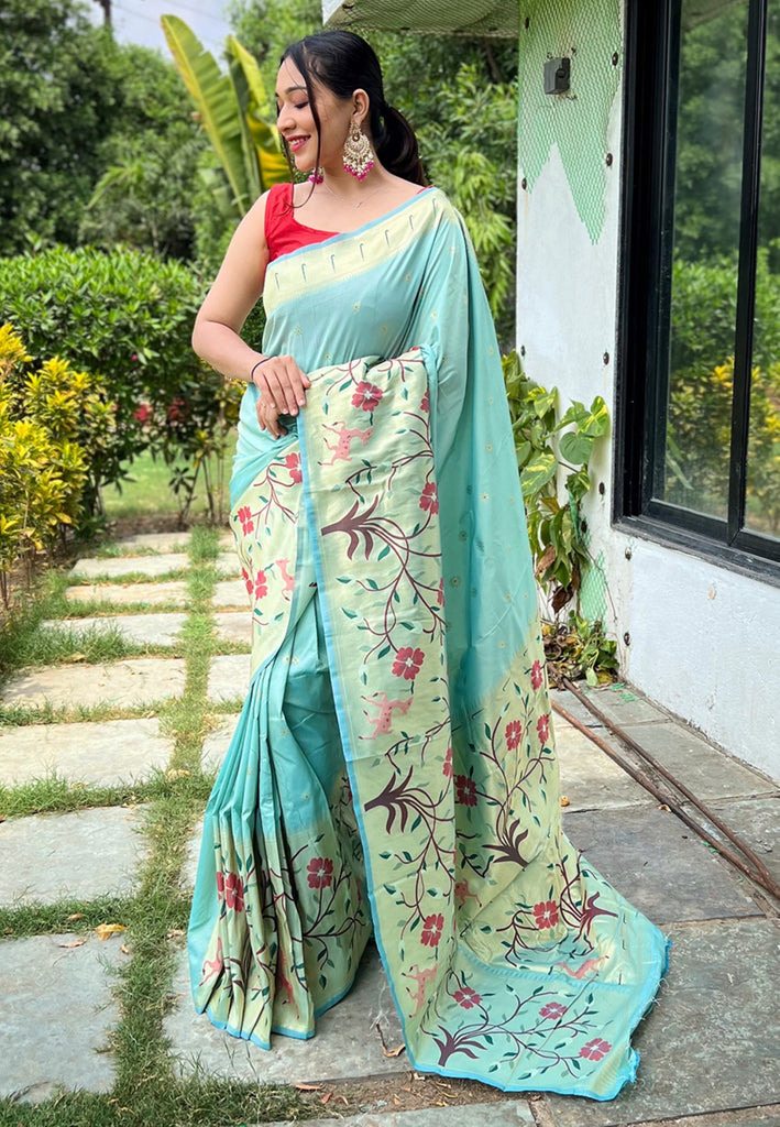 Women's Cloudy Blue Paithani Big Border Saree