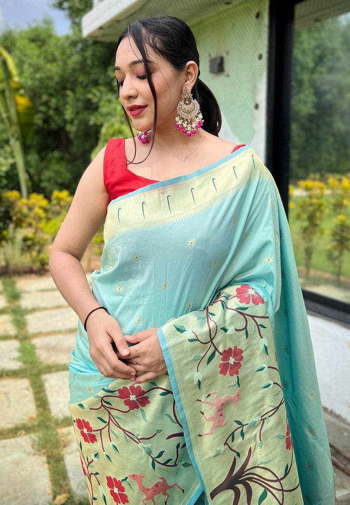 Women's Cloudy Blue Paithani Big Border Saree