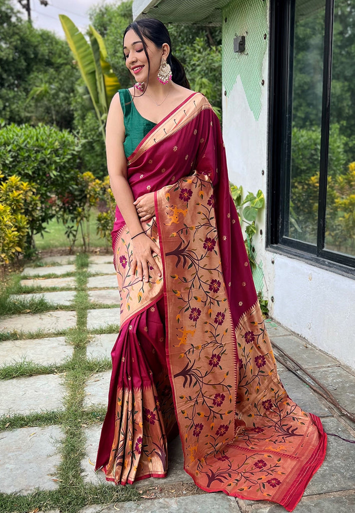 Women's Wine Paithani Big Border Saree