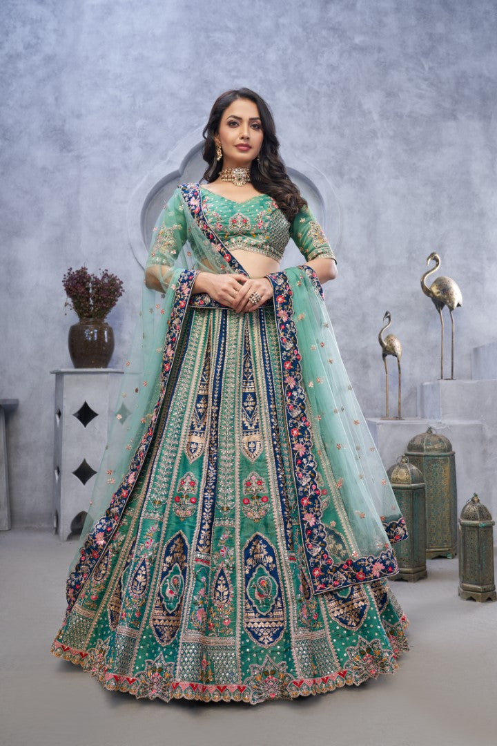 Women's Green Orgenza Silk  Embroidery With Sequins Lehenga Set - Kesar Fab