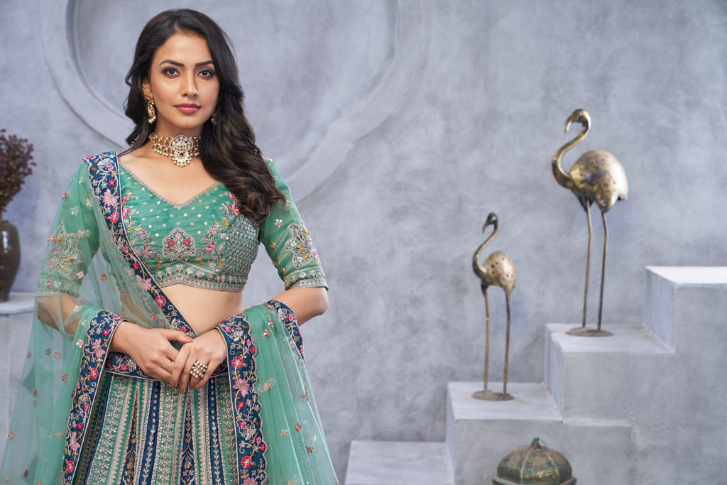 Women's Green Orgenza Silk  Embroidery With Sequins Lehenga Set