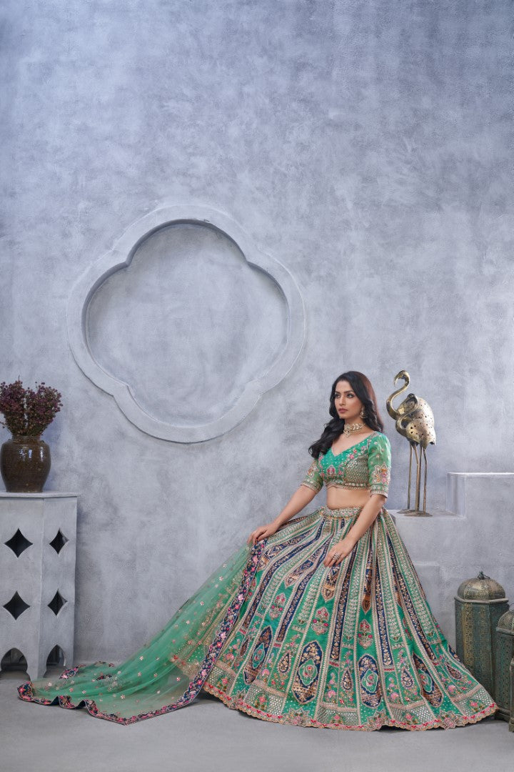 Women's Green Orgenza Silk  Embroidery With Sequins Lehenga Set - Kesar Fab