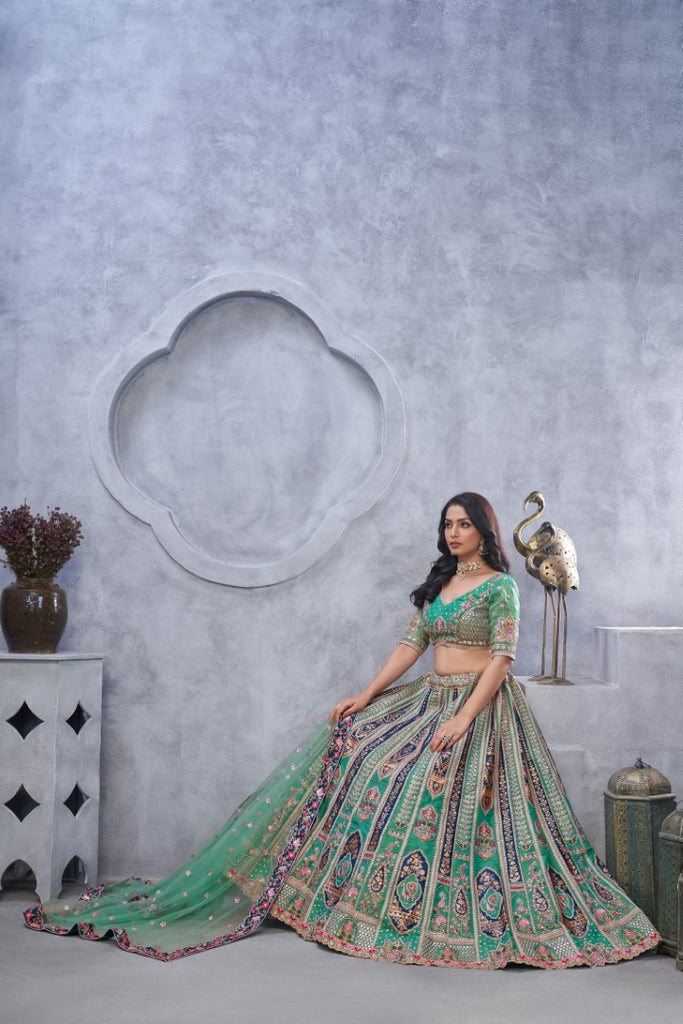 Women's Green Orgenza Silk  Embroidery With Sequins Lehenga Set