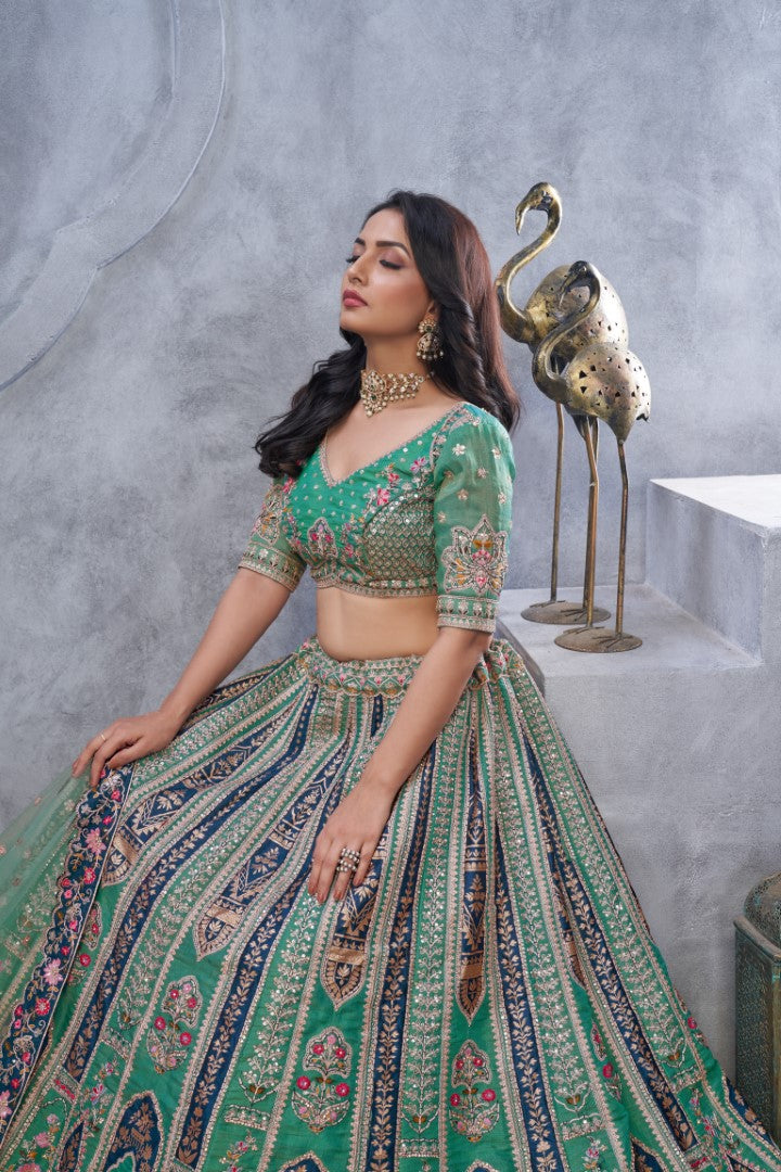 Women's Green Orgenza Silk  Embroidery With Sequins Lehenga Set - Kesar Fab