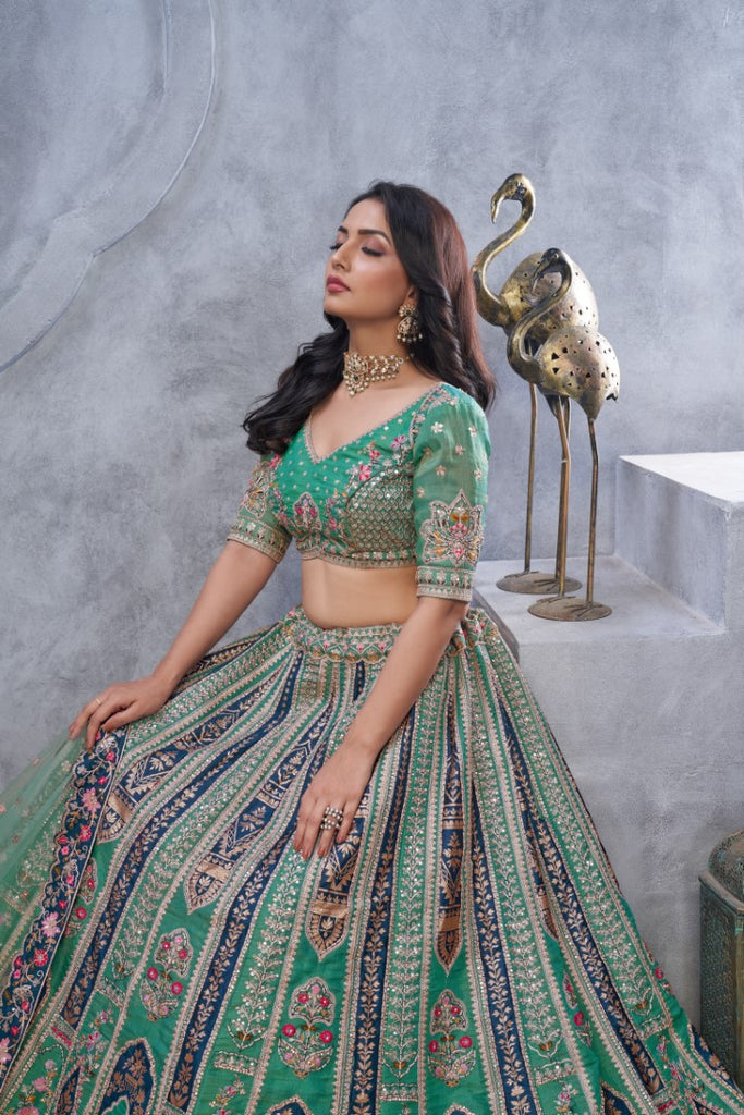 Women's Green Orgenza Silk  Embroidery With Sequins Lehenga Set