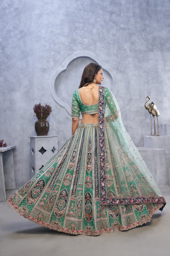 Women's Green Orgenza Silk  Embroidery With Sequins Lehenga Set - Kesar Fab