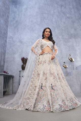 Women's Ivory Soft Net Embroidery With Sequins Lehenga Set - Kesar Fab