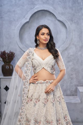Women's Ivory Soft Net Embroidery With Sequins Lehenga Set