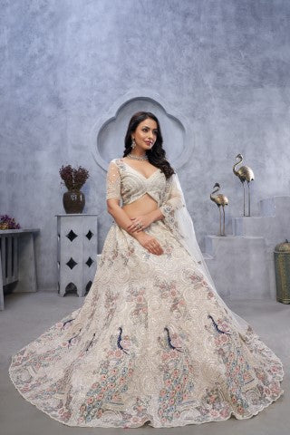 Women's Ivory Soft Net Embroidery With Sequins Lehenga Set - Kesar Fab