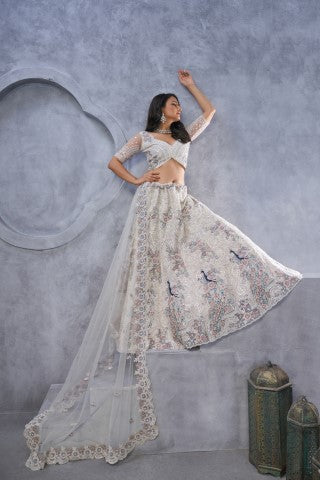 Women's Ivory Soft Net Embroidery With Sequins Lehenga Set - Kesar Fab