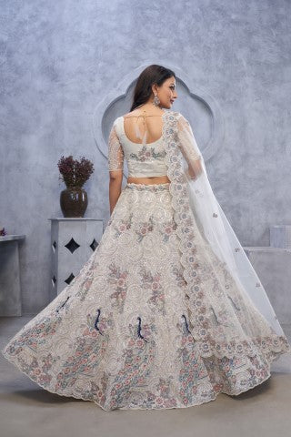 Women's Ivory Soft Net Embroidery With Sequins Lehenga Set - Kesar Fab